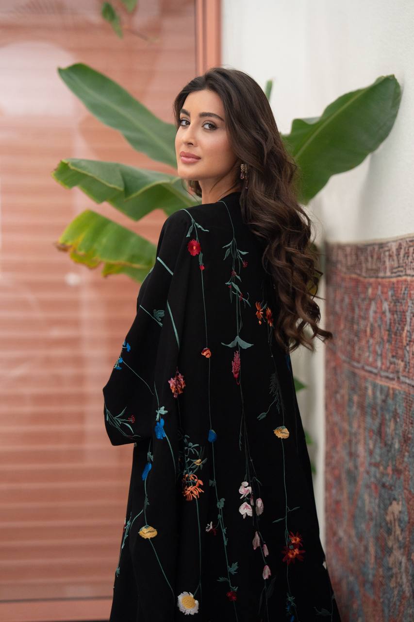 Black linen abaya with embroidery.C:6802