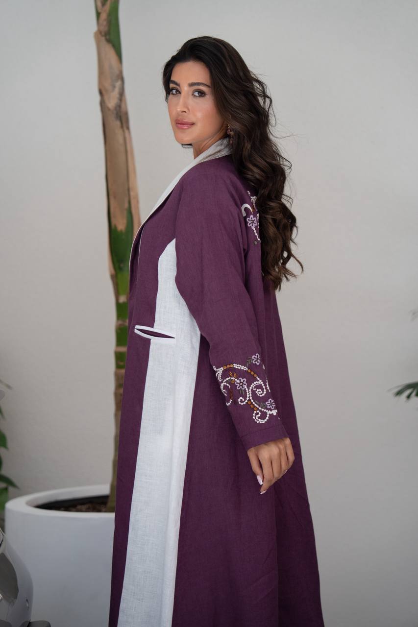Purple linen blazer abaya with embroidery.C:6801