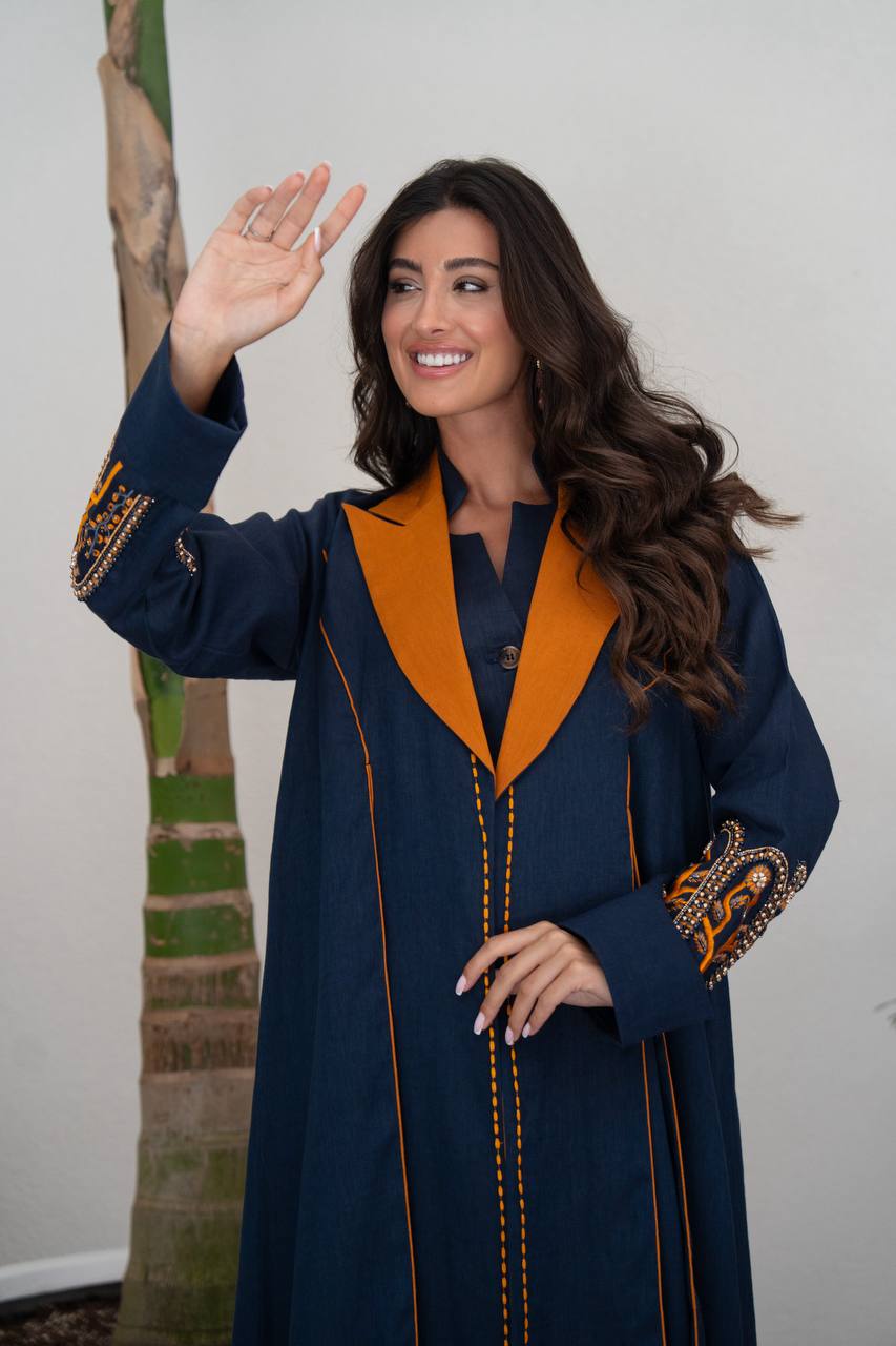 Navy blue linen blazer abaya with hand-stitched details.C:6804