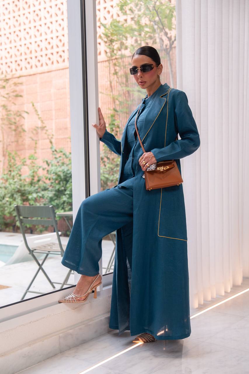 Turquoise linen abaya.C:6805