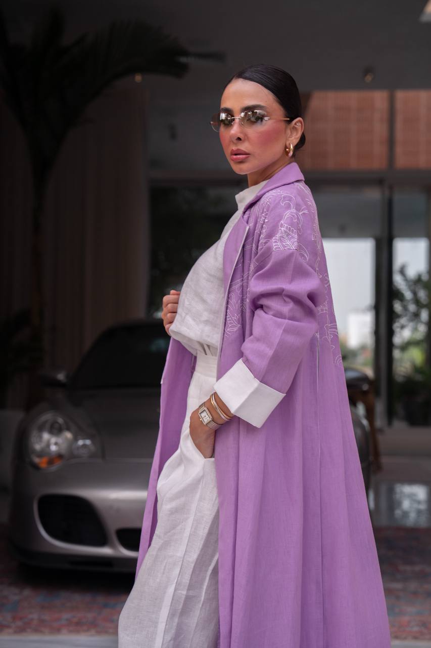 Purple linen blazer abaya with embroidery. C:6793