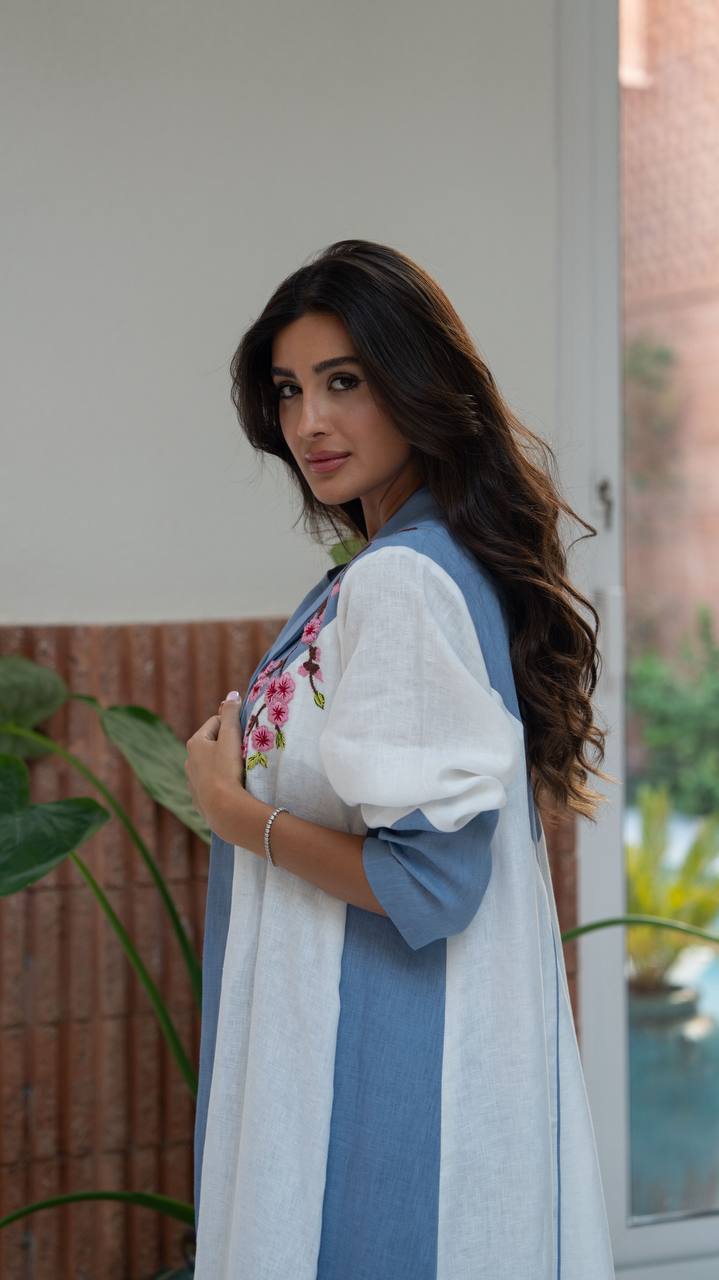 Blue and white linen blazer abaya with embroidery.C:6807