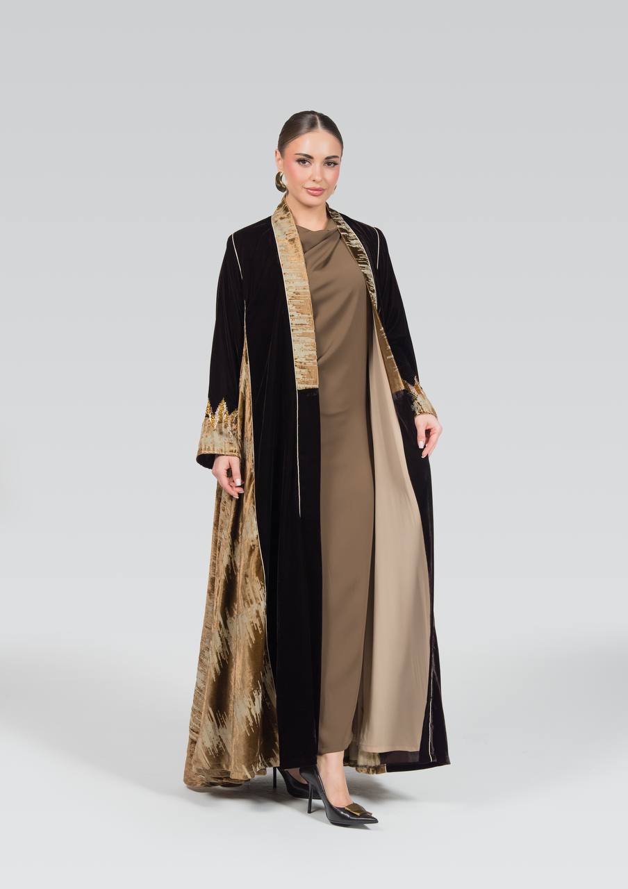 Velvet abaya with hand-beading.C:6838 Brown