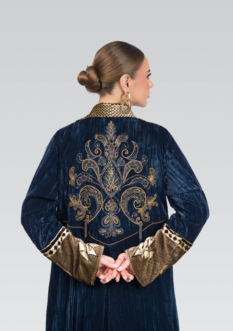 Navy blue velvet abaya with beadwork and embroidery.C:6839