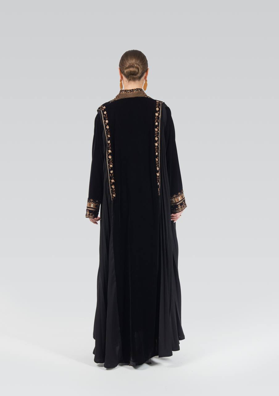 Velvet and crepe abaya with embroidery.C:6841 Brown