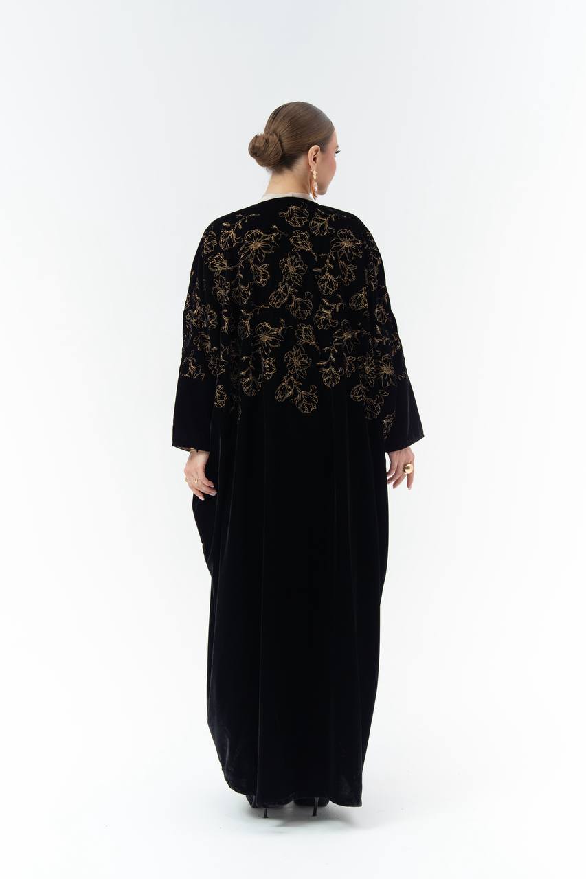 Black velvet Bisht-style abaya with embroidery.C:6843