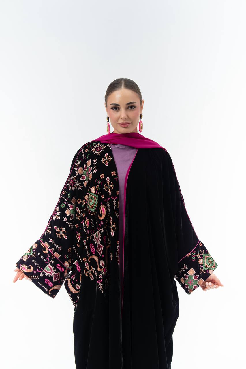 Black velvet bisht with embroidery.C:6844