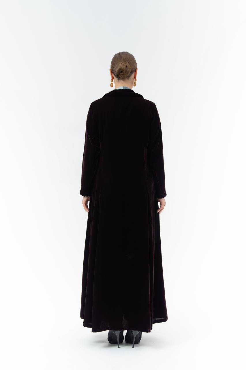 Burgundy velvet abaya with embroidery.C:6845