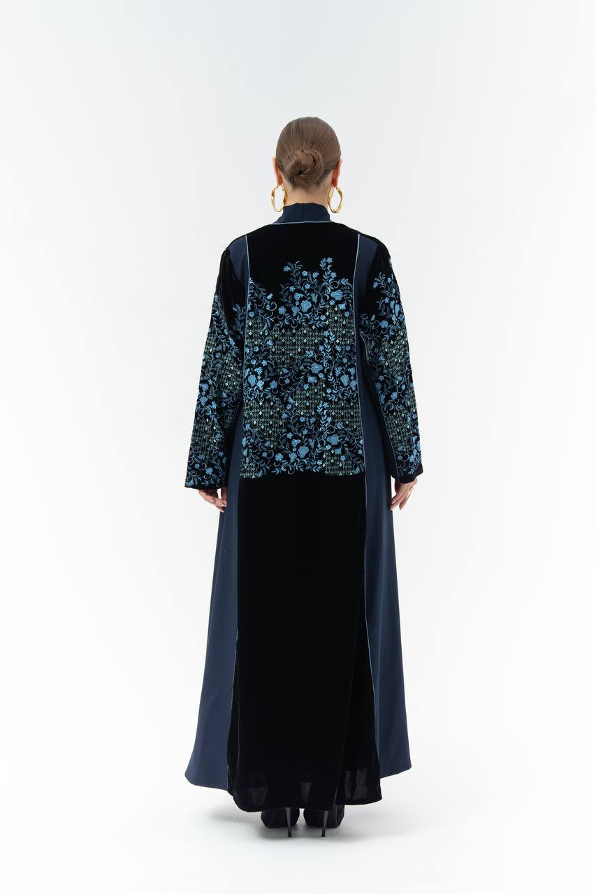 Embroidered velvet and crepe abaya.C:6835Blue