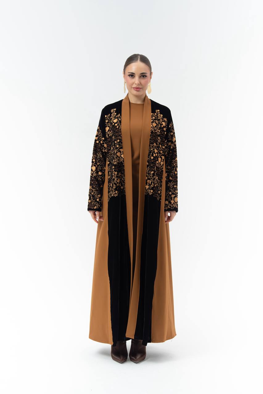 Embroidered velvet and crepe abaya.C:6835 Orange