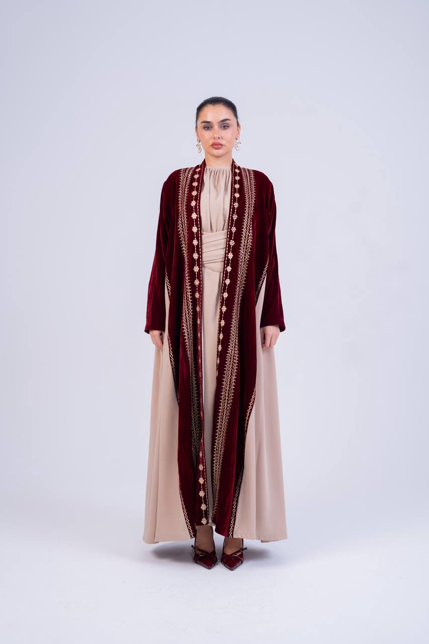 Velvet and crepe abaya with embroidery.C:6852