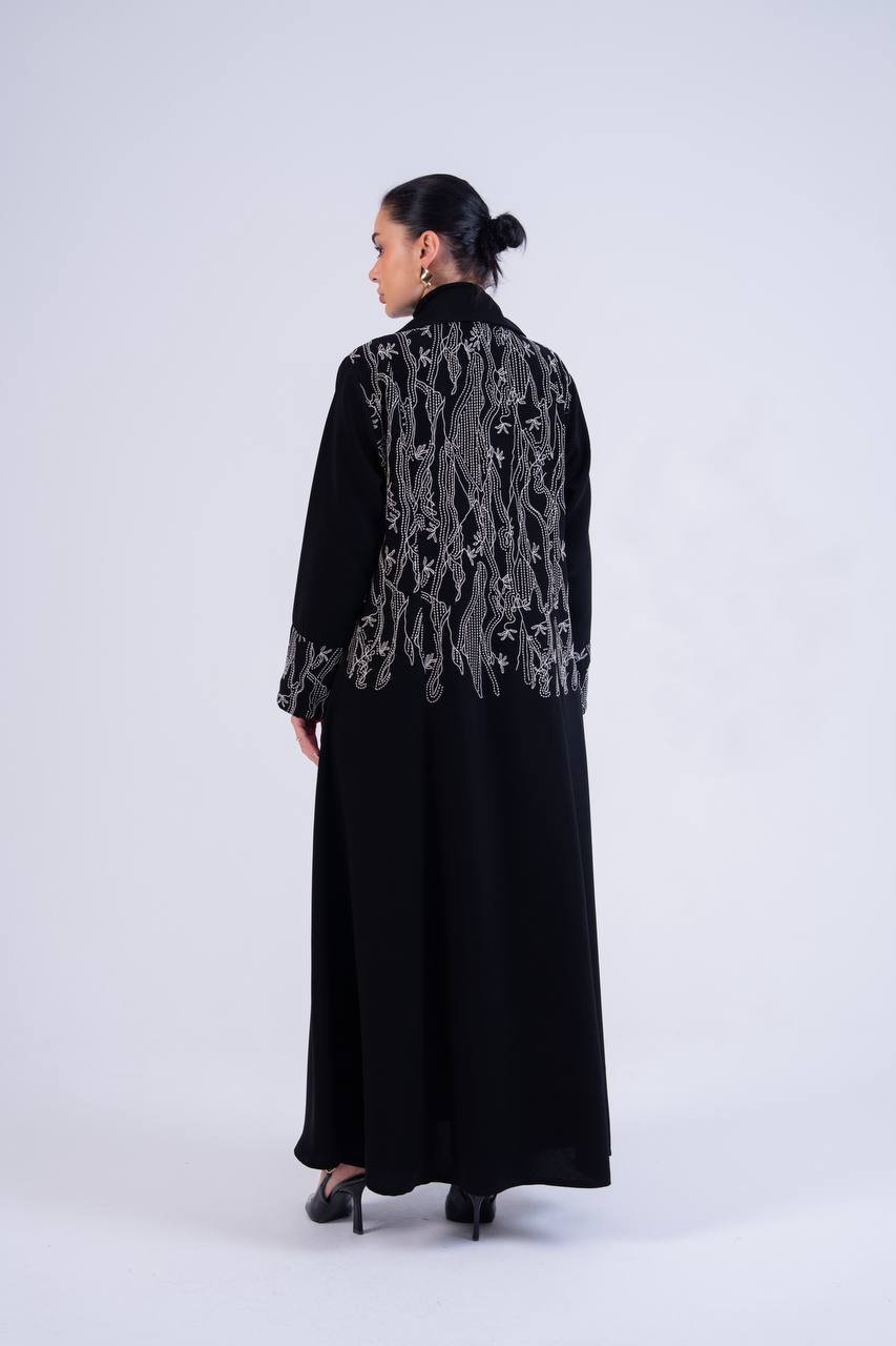 Black crepe abaya with embroidery.C: 6840crepe
