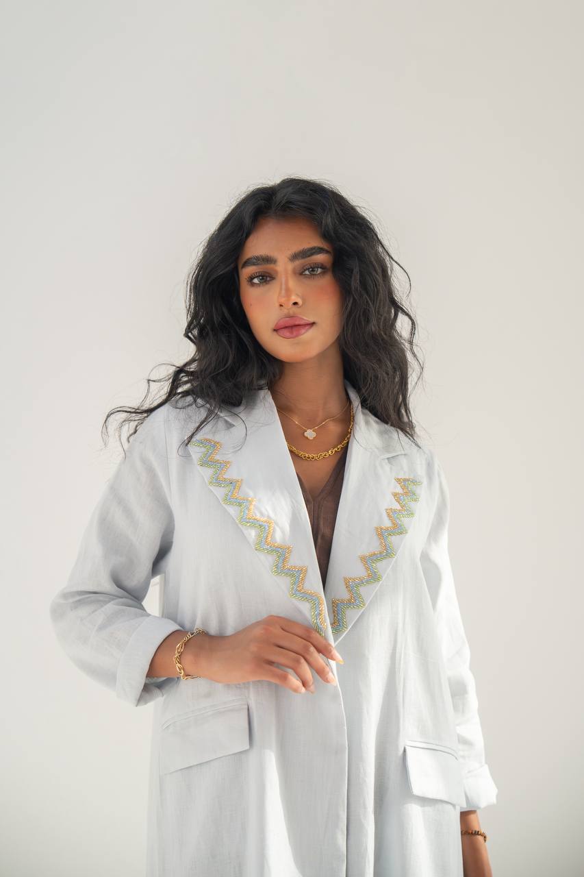 Linen blazer abaya, sky blue with hand embroidery C:6651