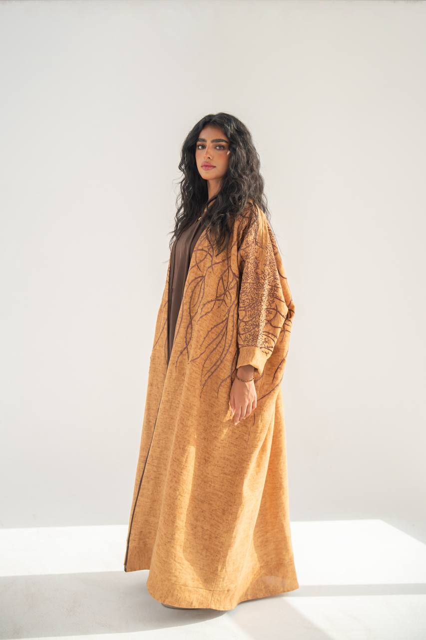 Brown linen bisht abaya with embroidery C:6648