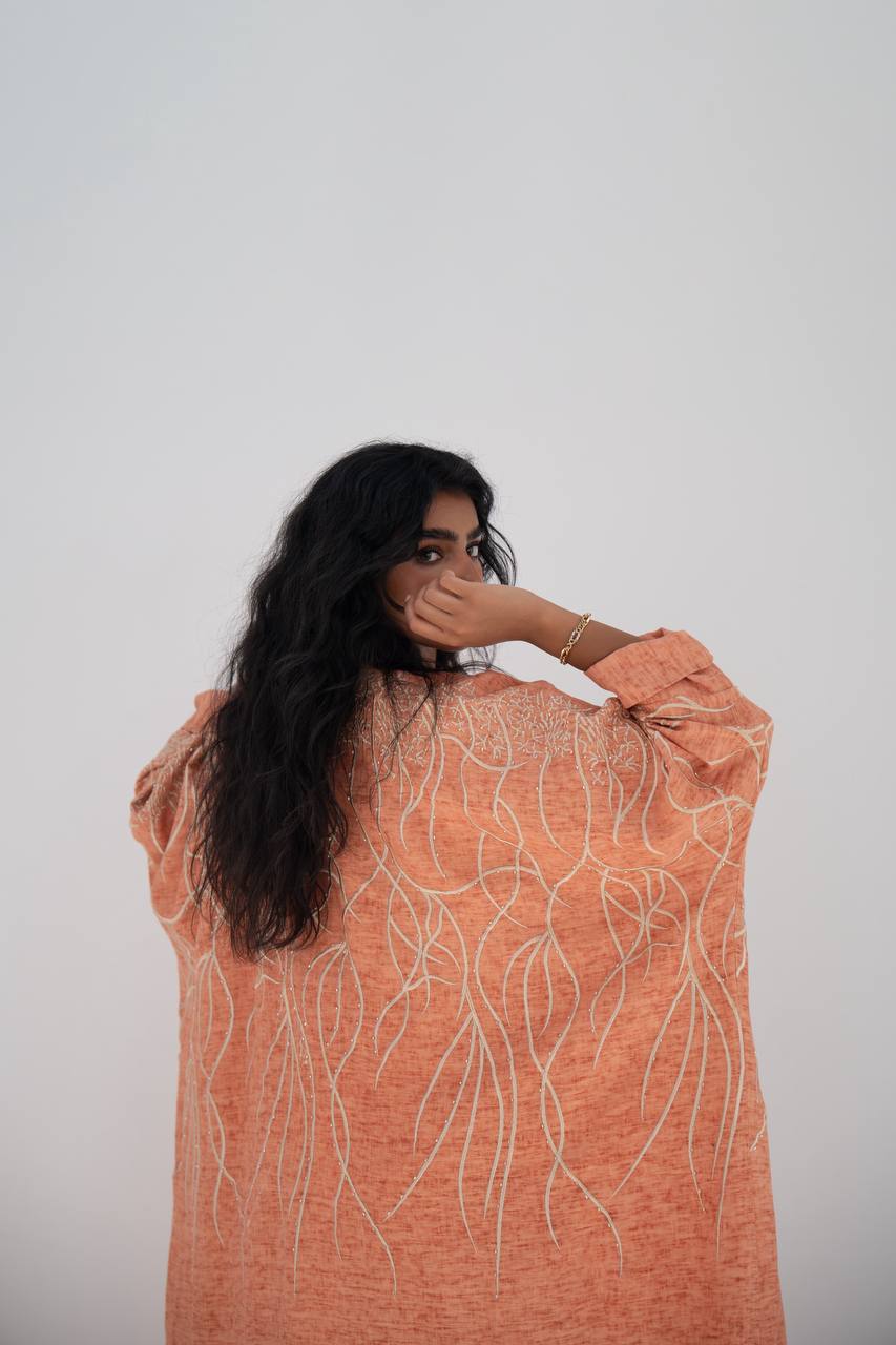 Orange linen bisht abaya with embroidery C:6648