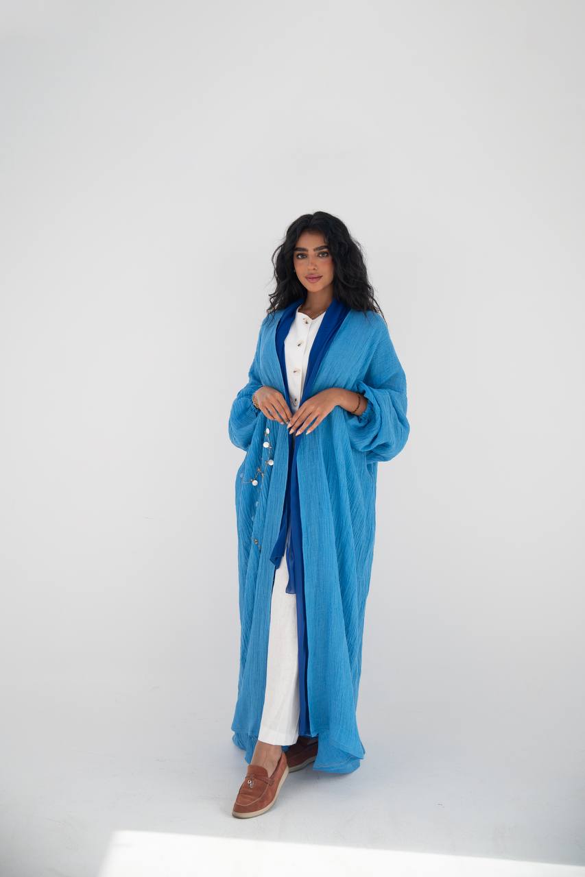 Blue linen abaya with hand embroidery C:6647