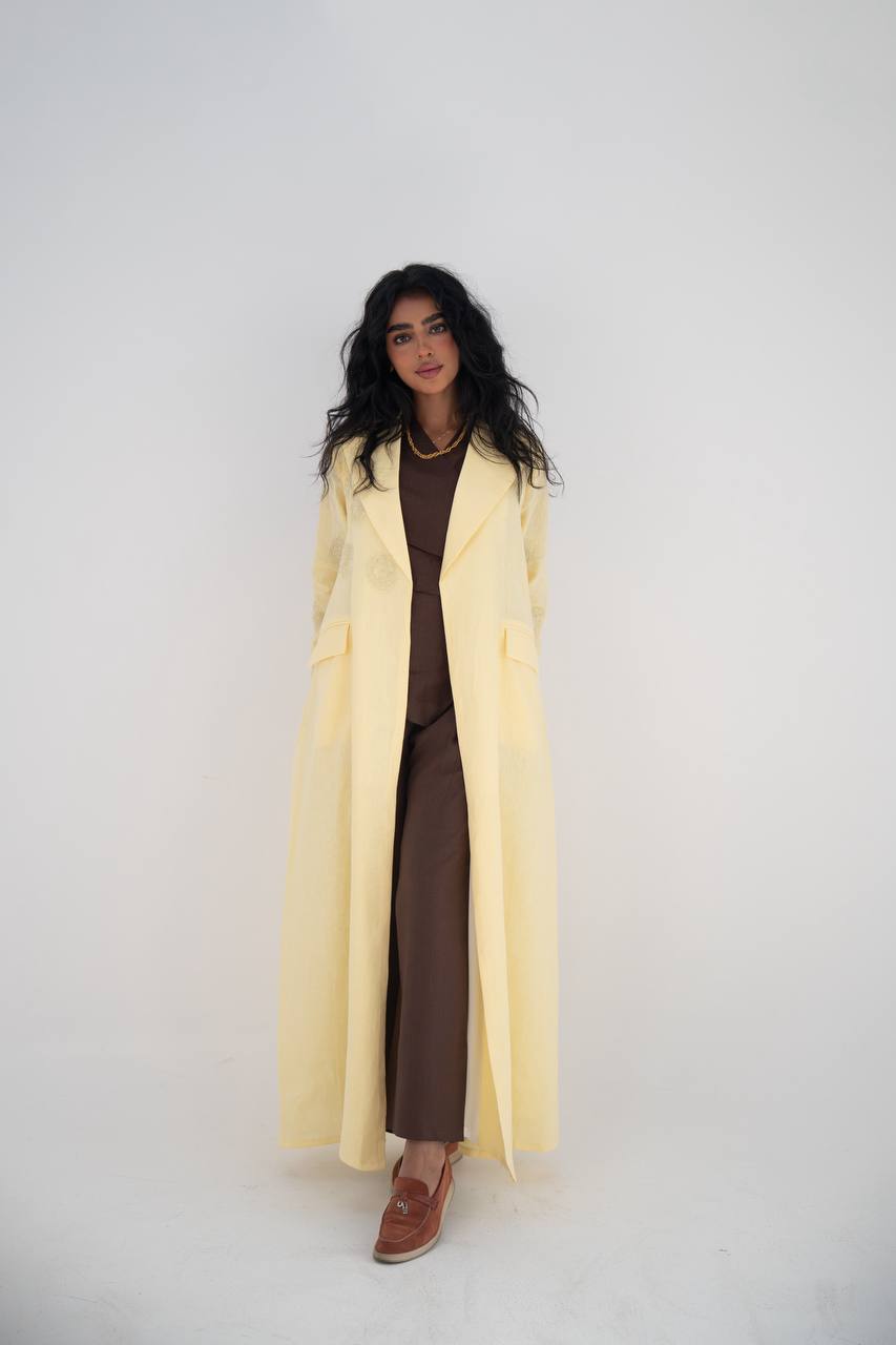 Butter yellow linen blazer abaya with hand embroidery C:6646