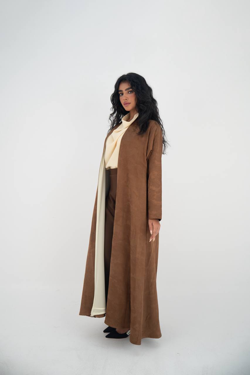 Honey-colored crepe jacquard abaya C:6645 Brown