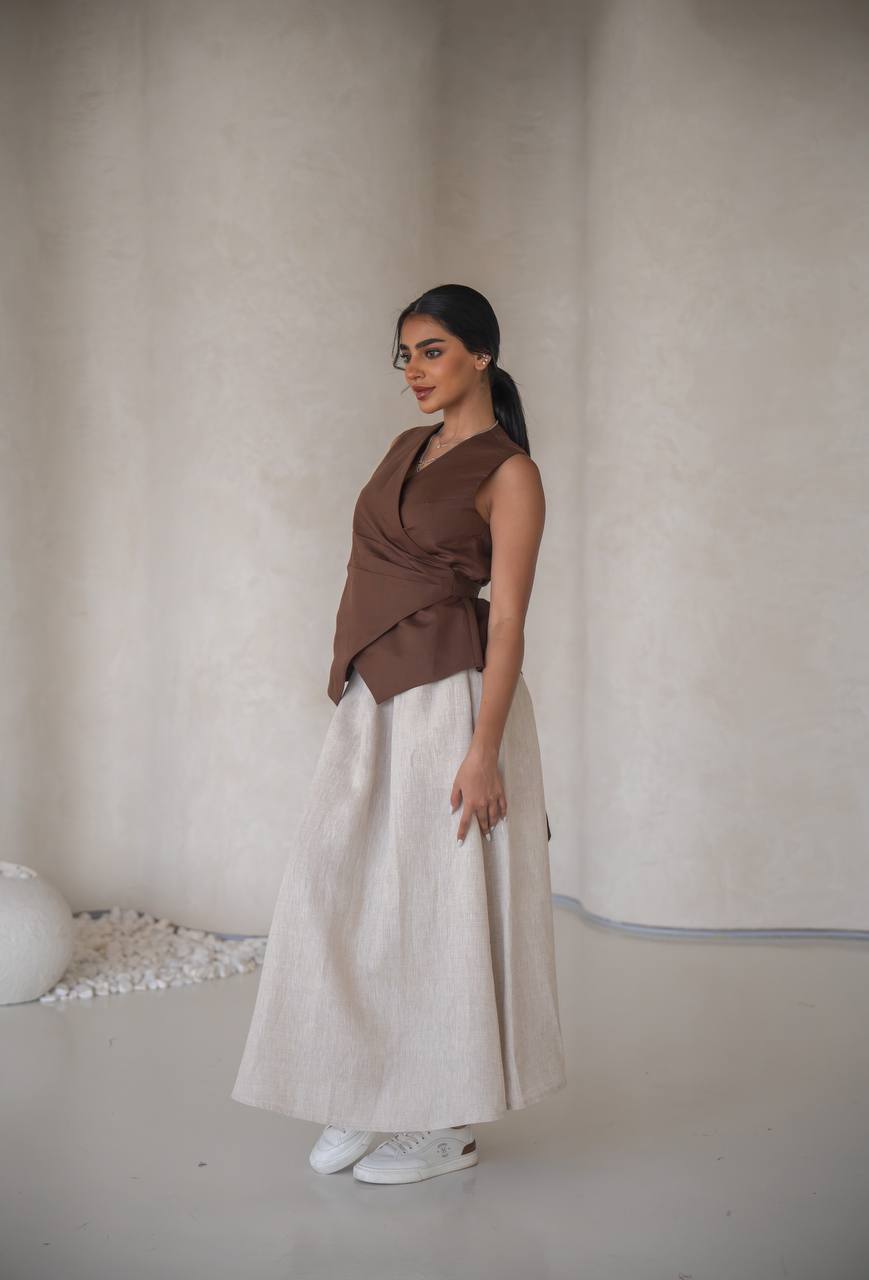 Linen blouse and skirt set C:205 Brown-Beige