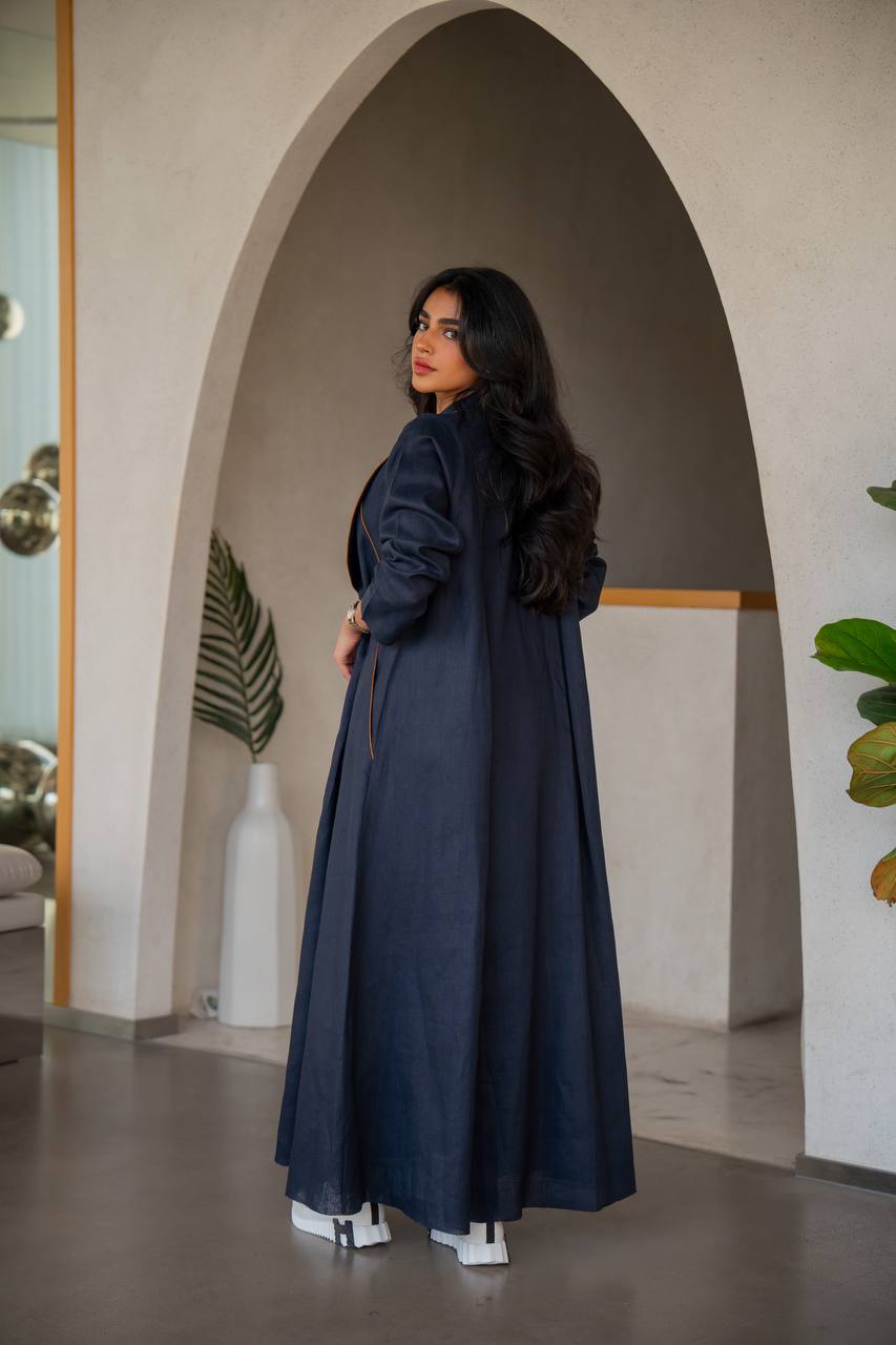 Navy blue linen abaya with inner set C:6633 Blue