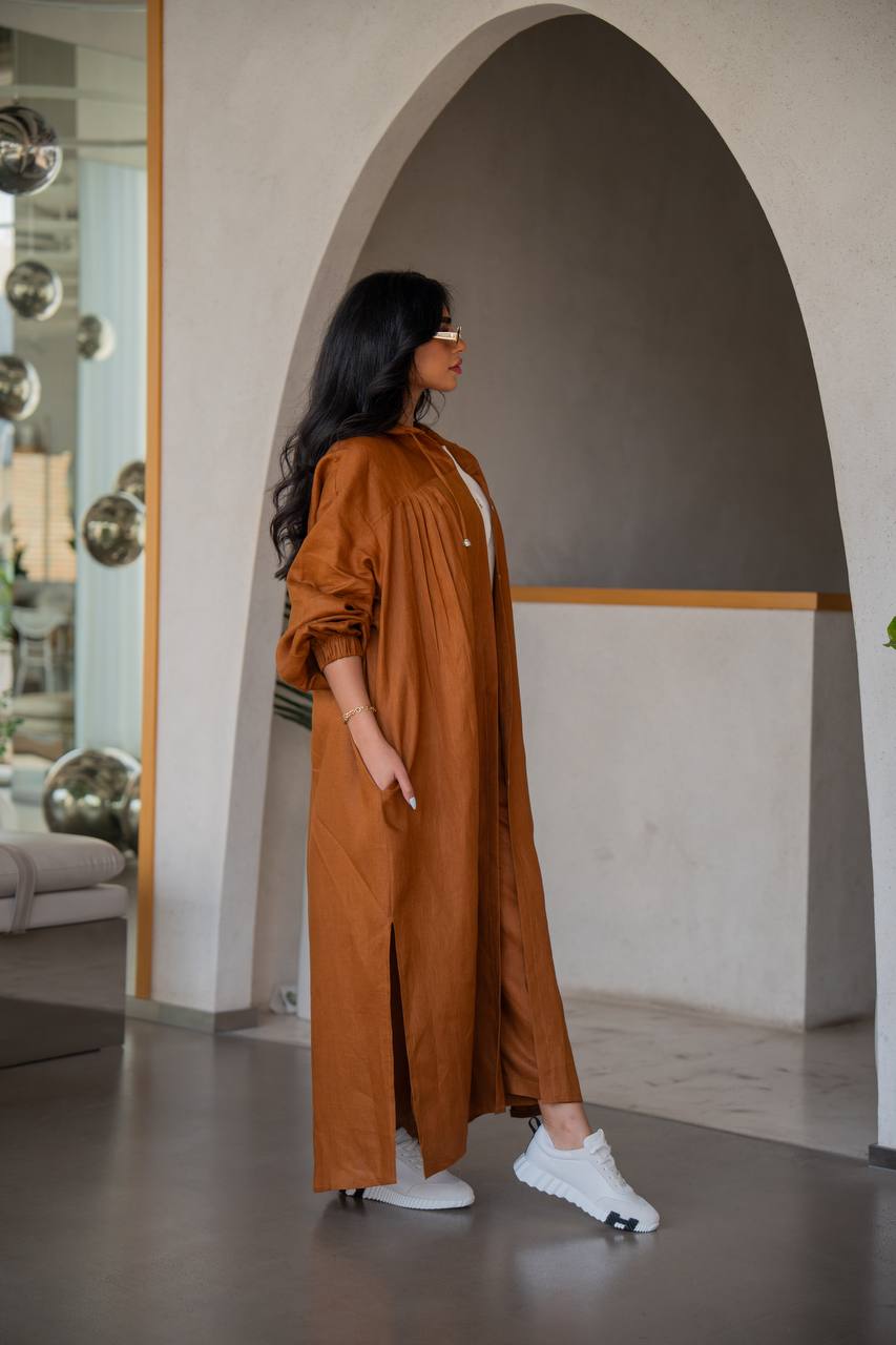 Free size linen abaya in camel color, with inner set C:6634 (Free size)