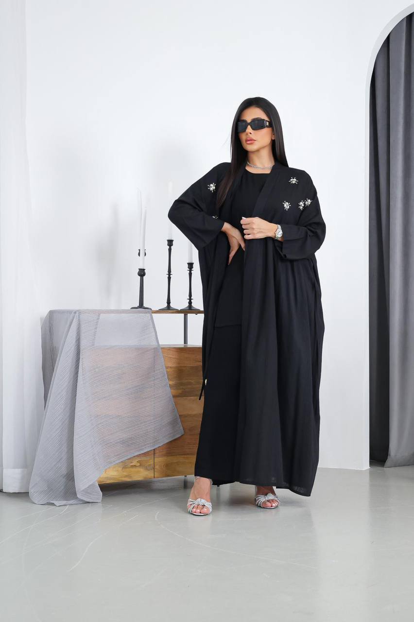 Free size black linen abaya with hand embroidery C:3026 Black (Free size)