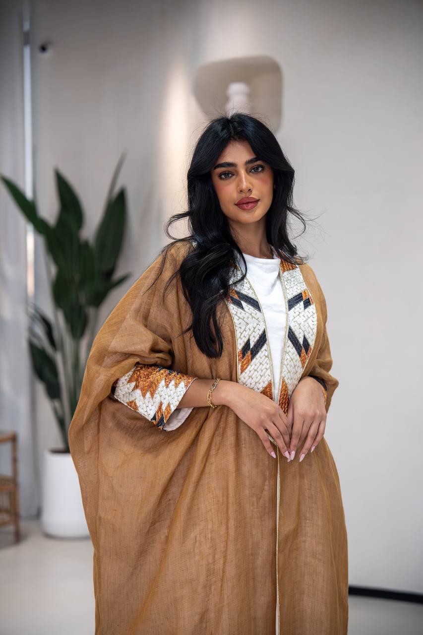 Camel-colored burlap bisht abaya with embroidery C:6621 (Free size)