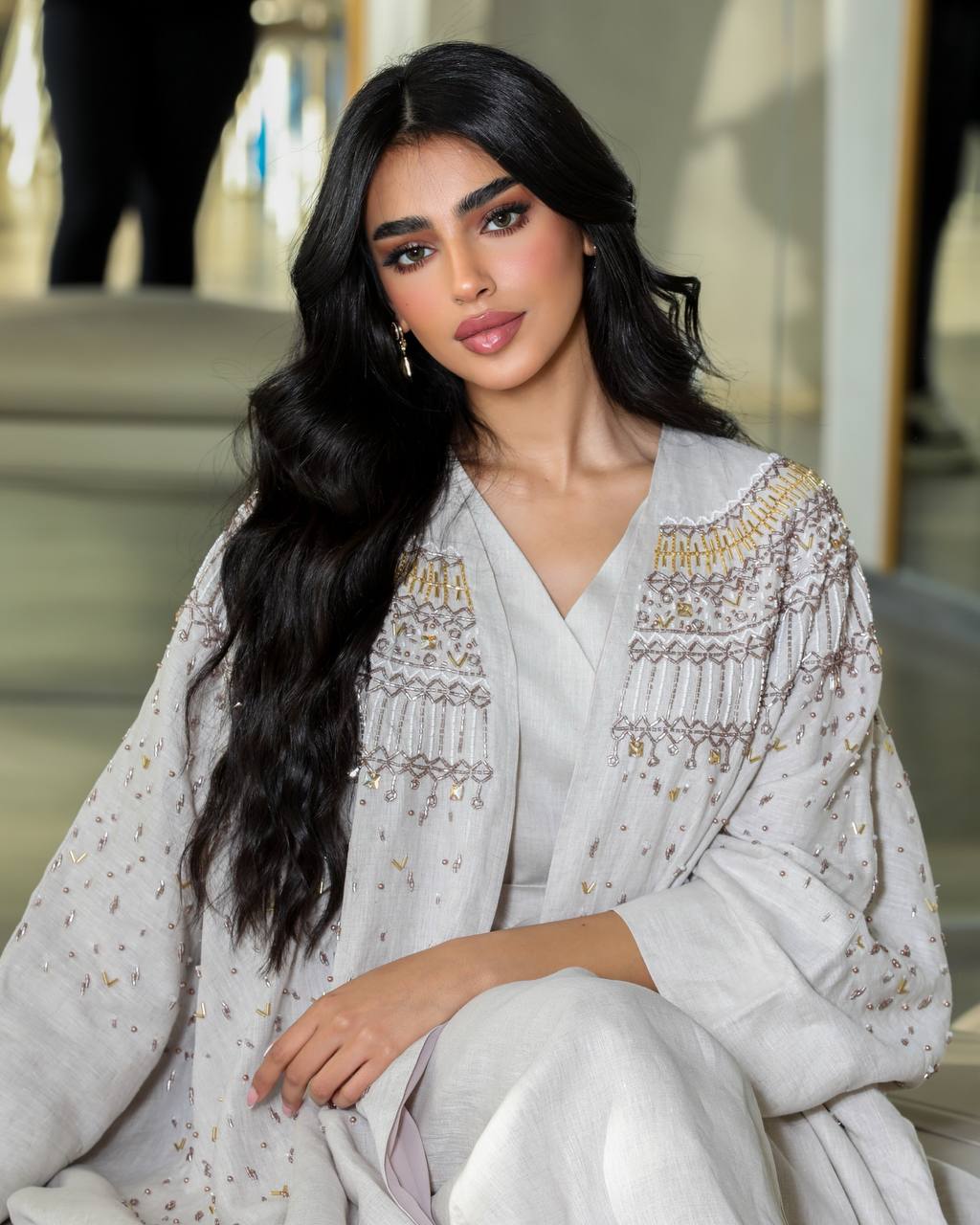 Light beige crepe abaya with hand embroidery C:6361 Beige