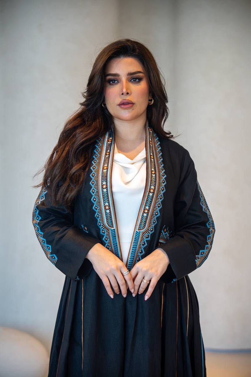 Black Linen Abaya with Embroidery C:6605 Black/Blue