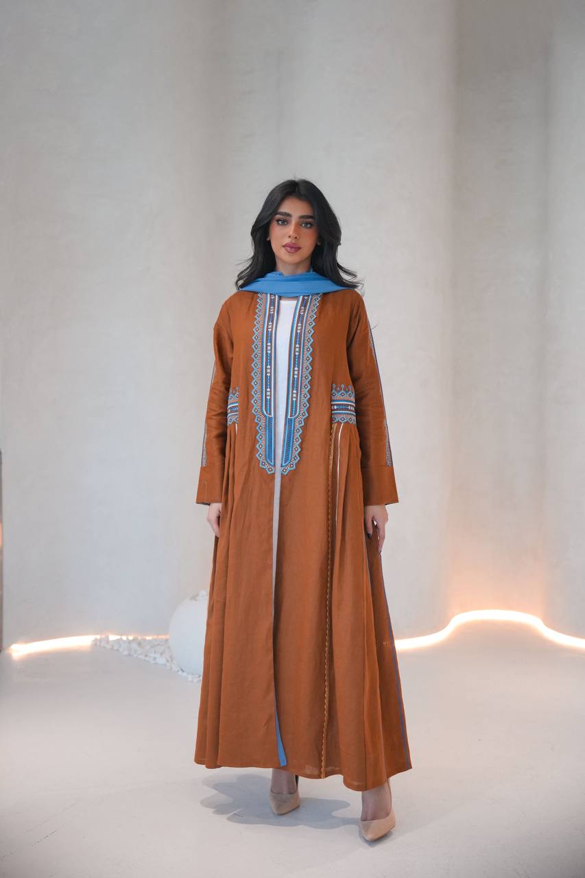 Linen abaya in camel color with embroidery C:6605 Brown