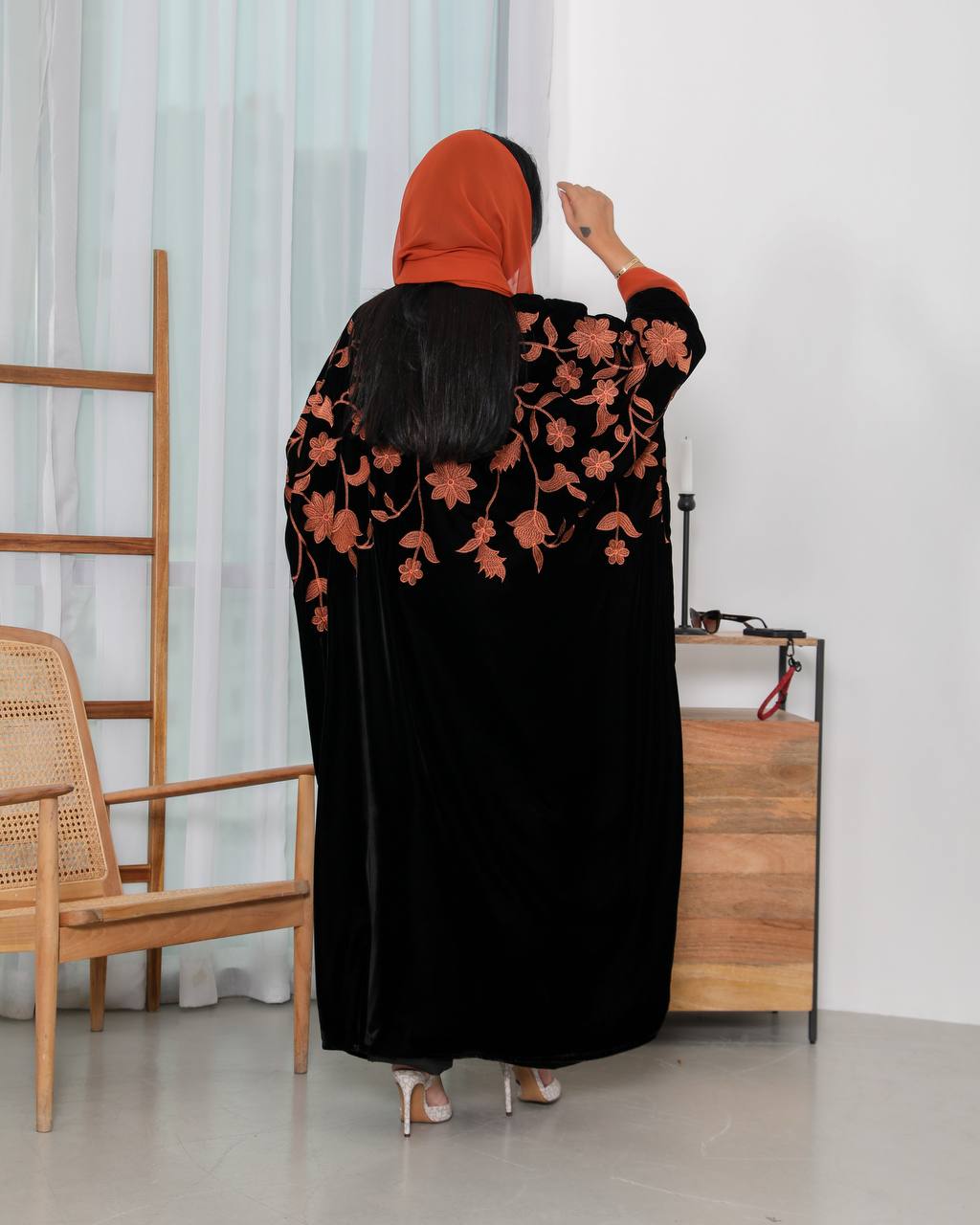 Black Besht Abaya with Orange Embroidered 6340 (Free size)