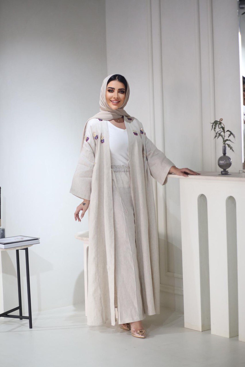 ABAYA LINEN BEIGE WITH HAND EMBROIDERY C:3026beige (Free size)