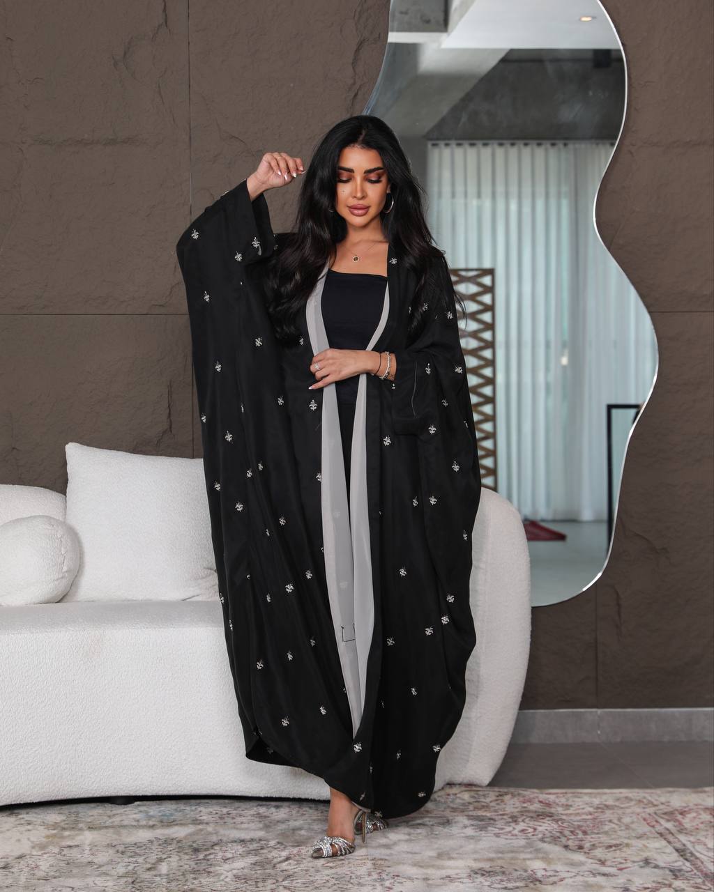 Light beige silk crepe abaya with embroidery C:6387 (Free size)