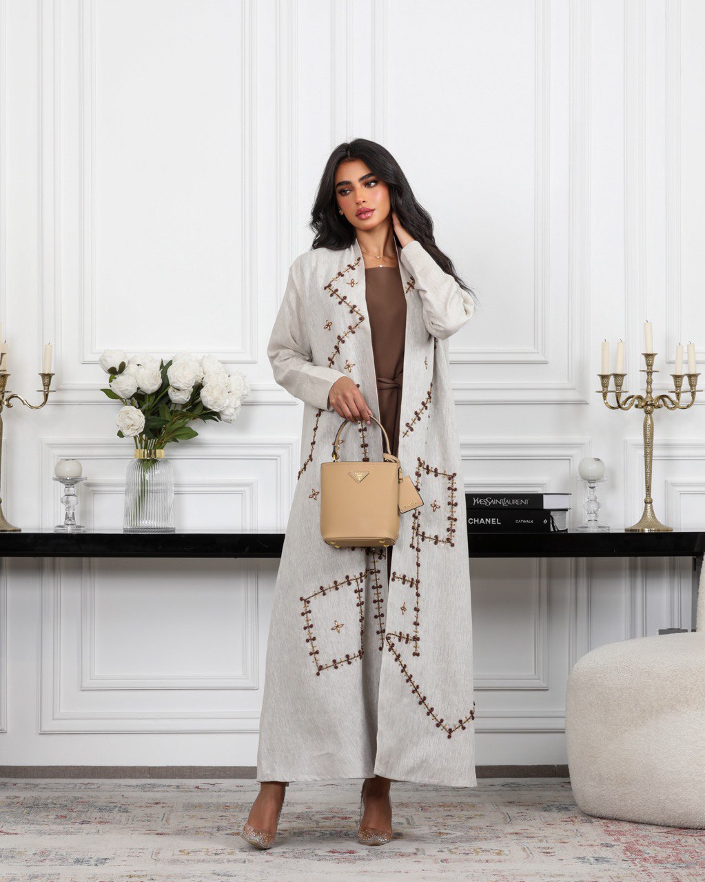 ABAYA BEAGE LINEN WITH PEARL C:6488 BREAGE