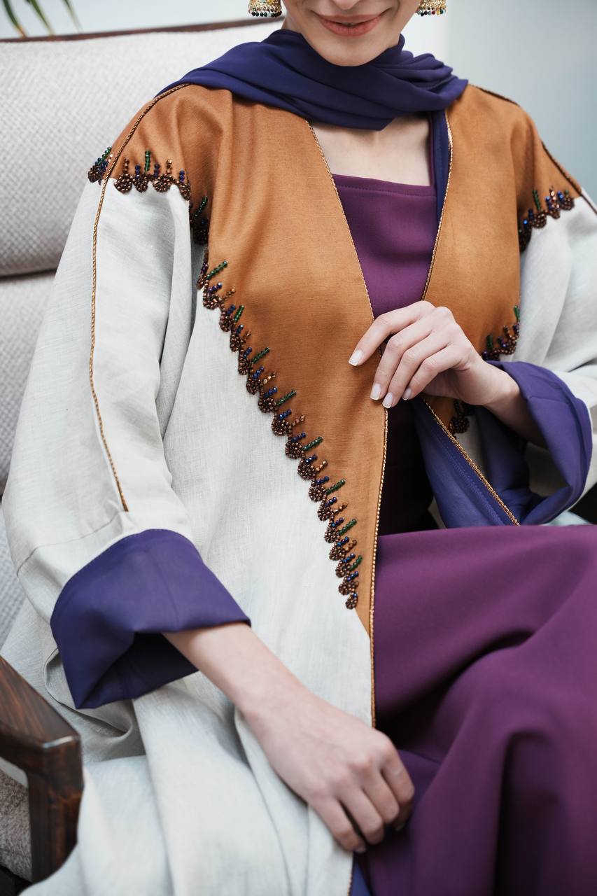 Linen abaya with satin in light beige color C:6599 (Free size)