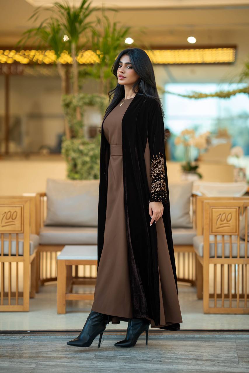 Black velvet abaya with brown crepe 6579