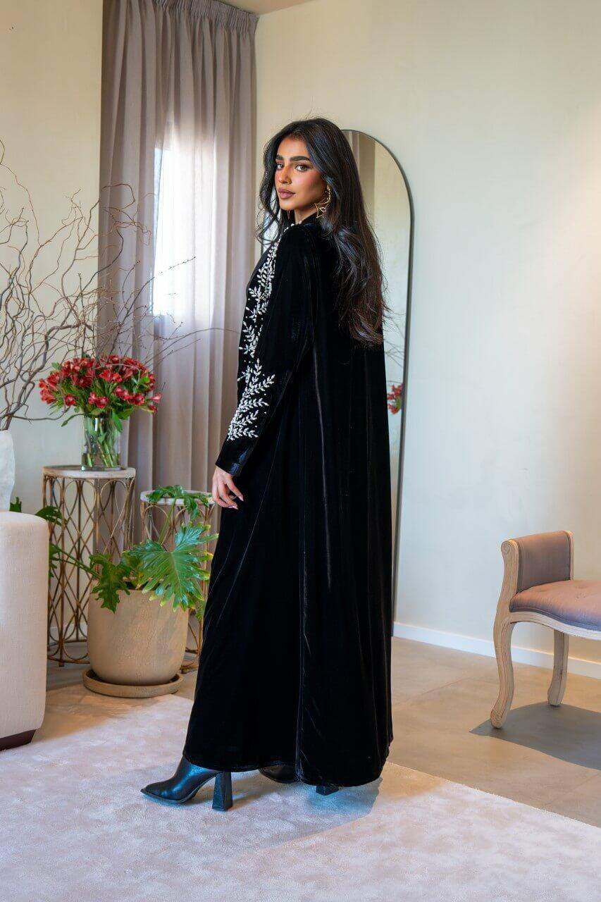 Black velvet abaya with embroidery C:6576