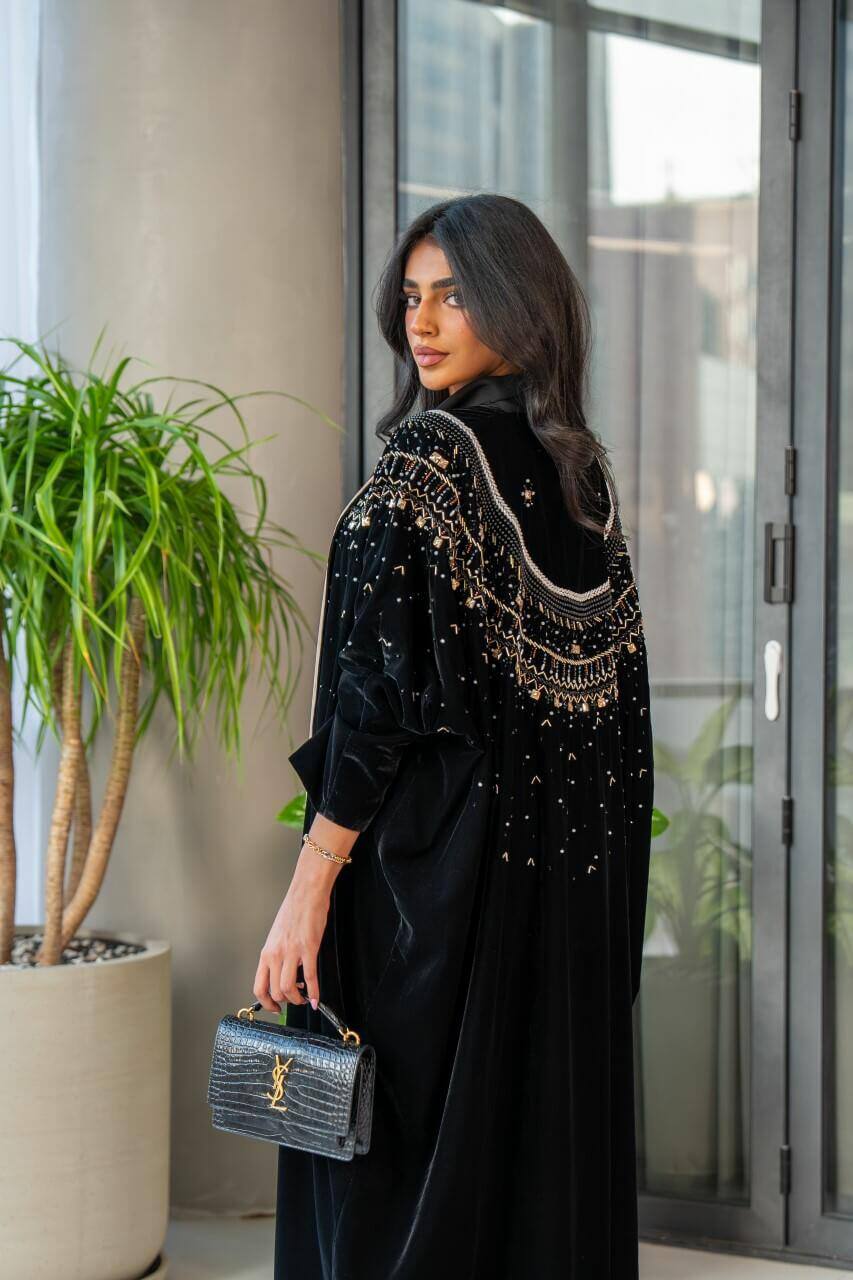 Black velvet Bisht abaya with embroidery C:6571(Free size)