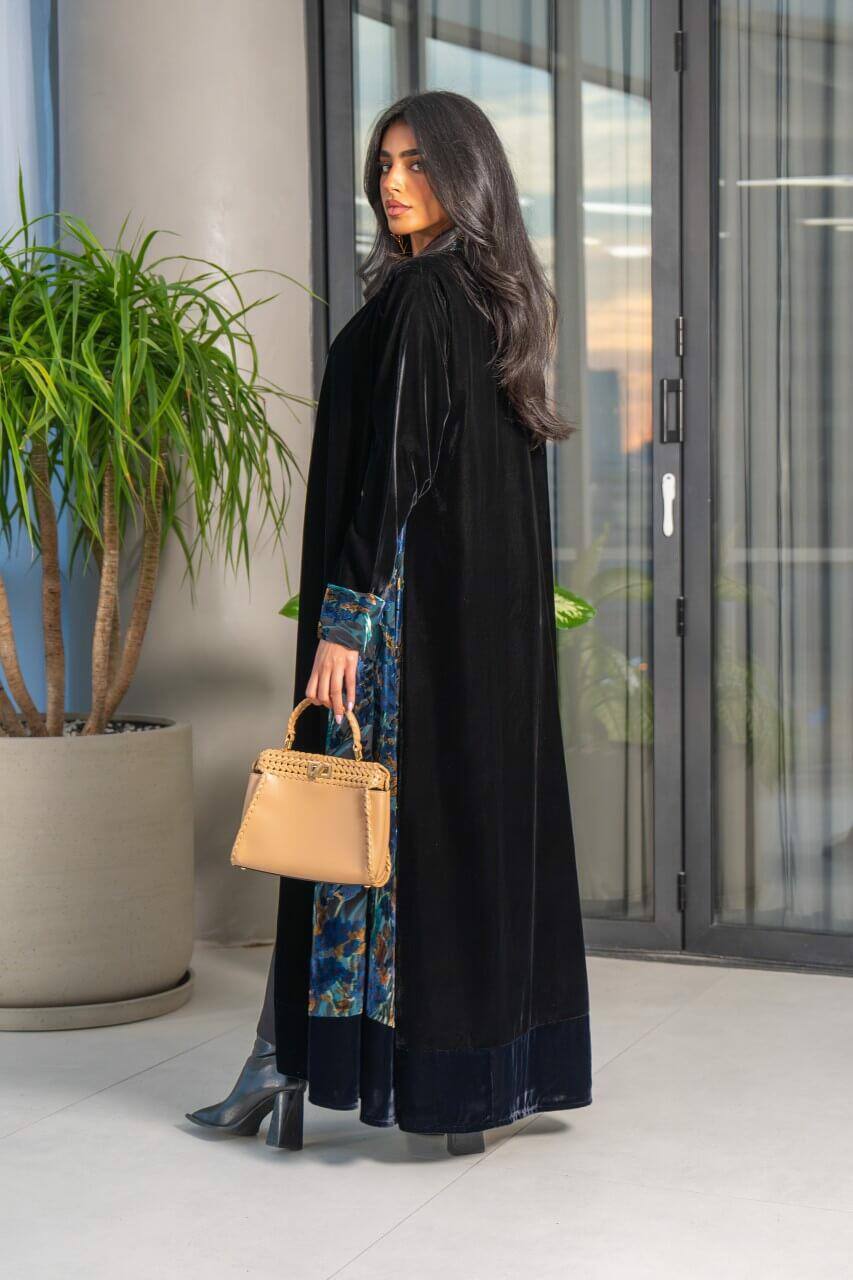 Plain velvet abaya and floral velvet with hand doubt C:6574