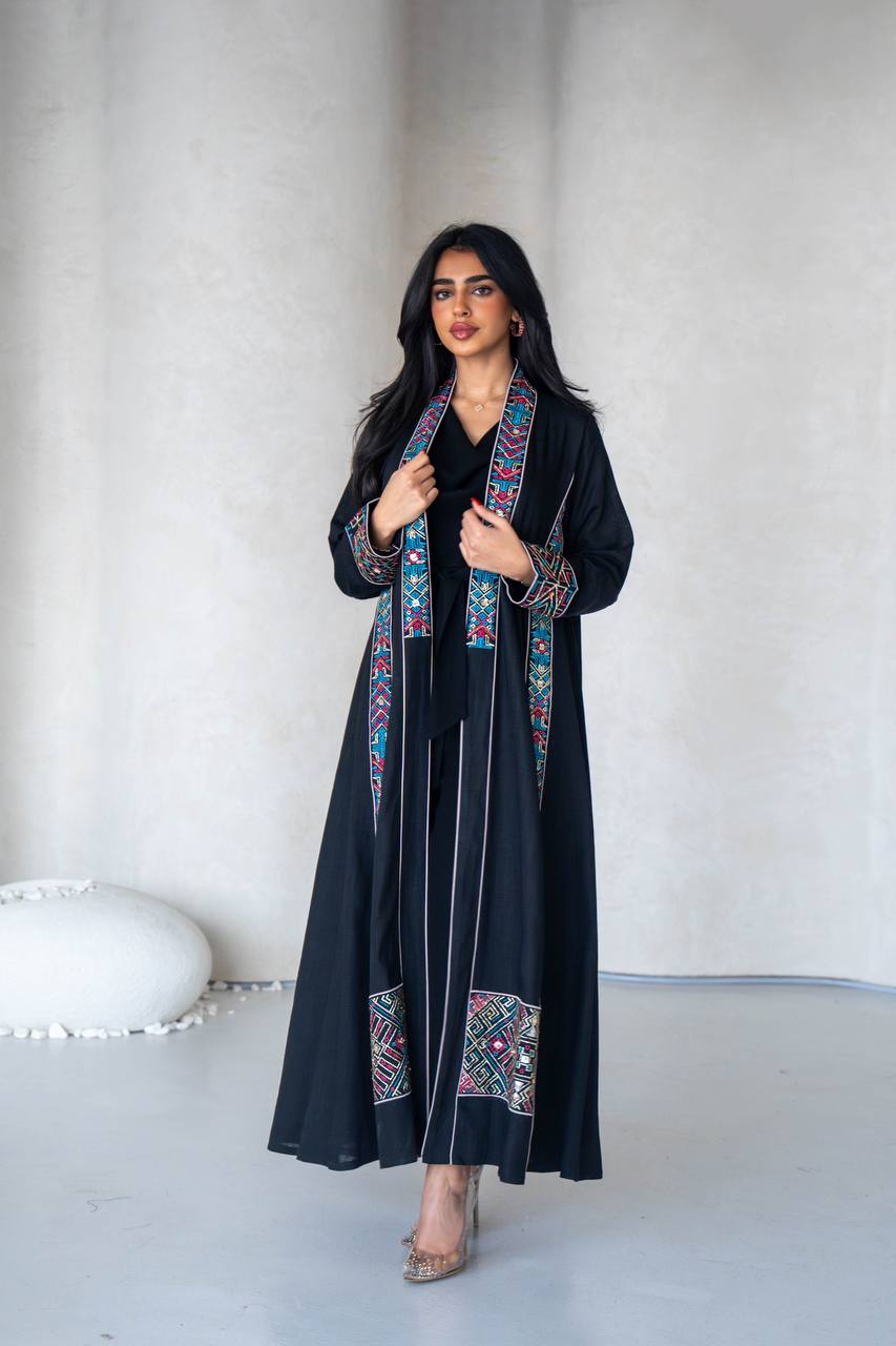 Linen abaya in black with embroidery C:6589 Black