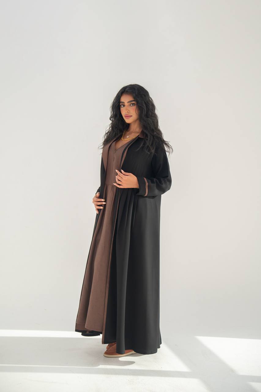 Black crepe blazer abaya with brown details C:6636 Black Crape
