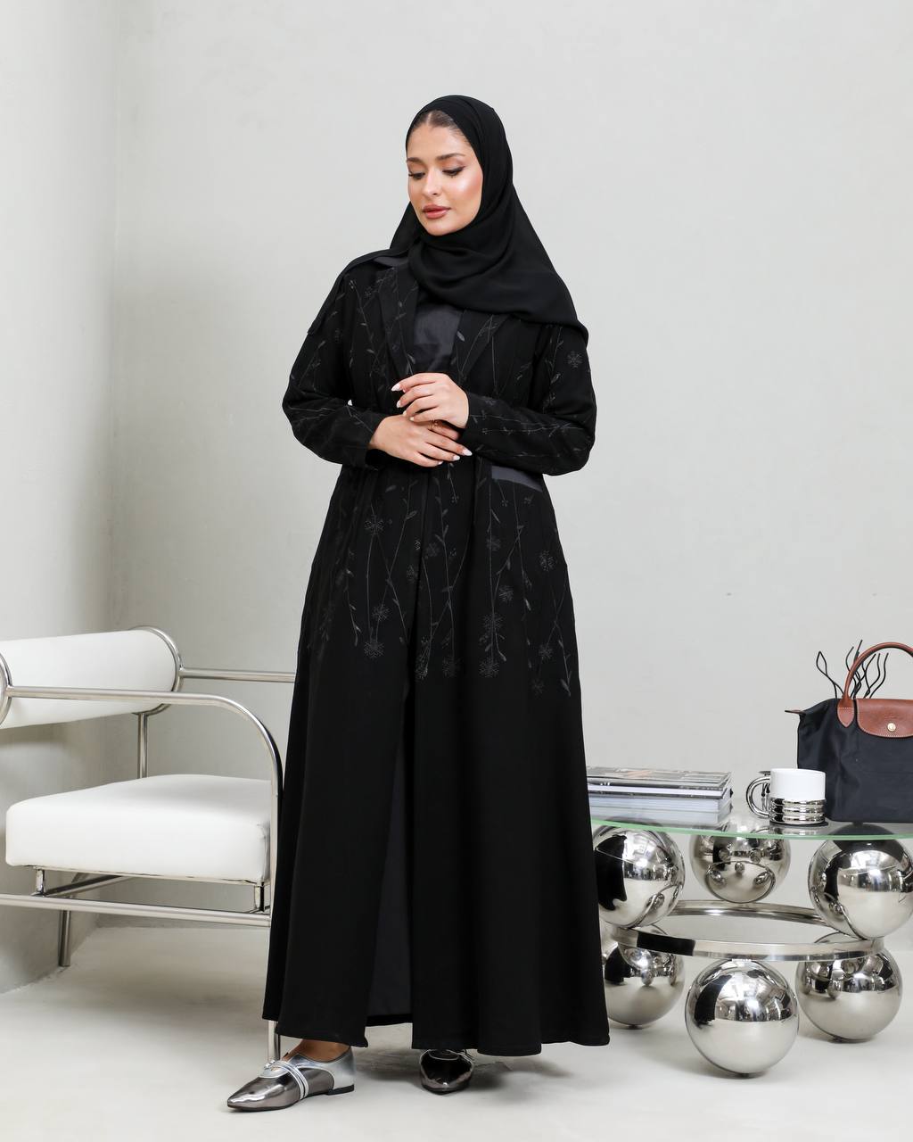 Black crepe blazer abaya with embroidery C:6658