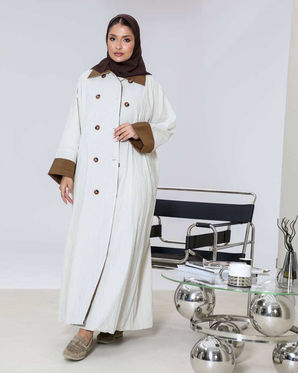 Free size trench coat, beige with brown details C:6656 Beige