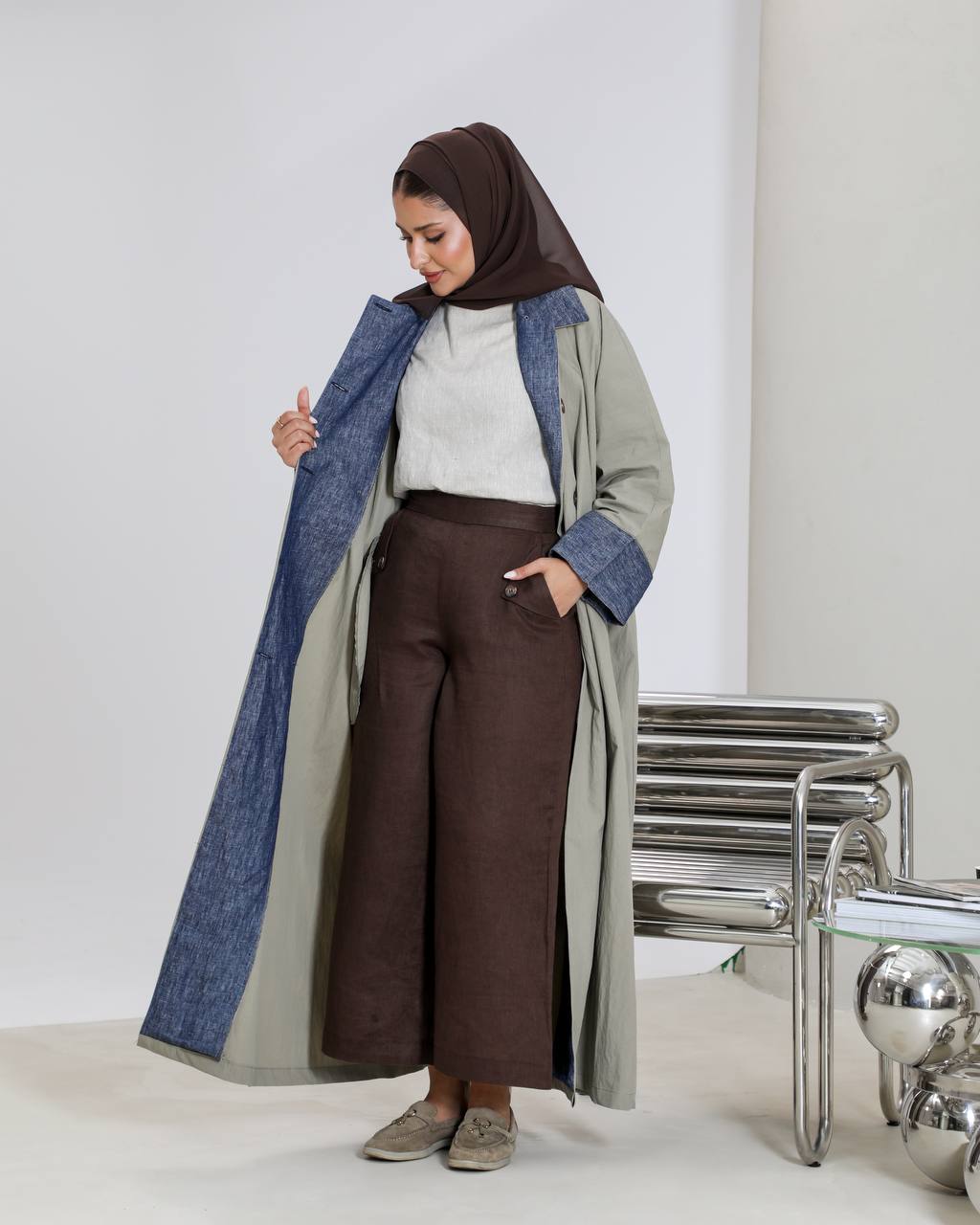 Free size trench coat, in pistachio color with denim details C:6656