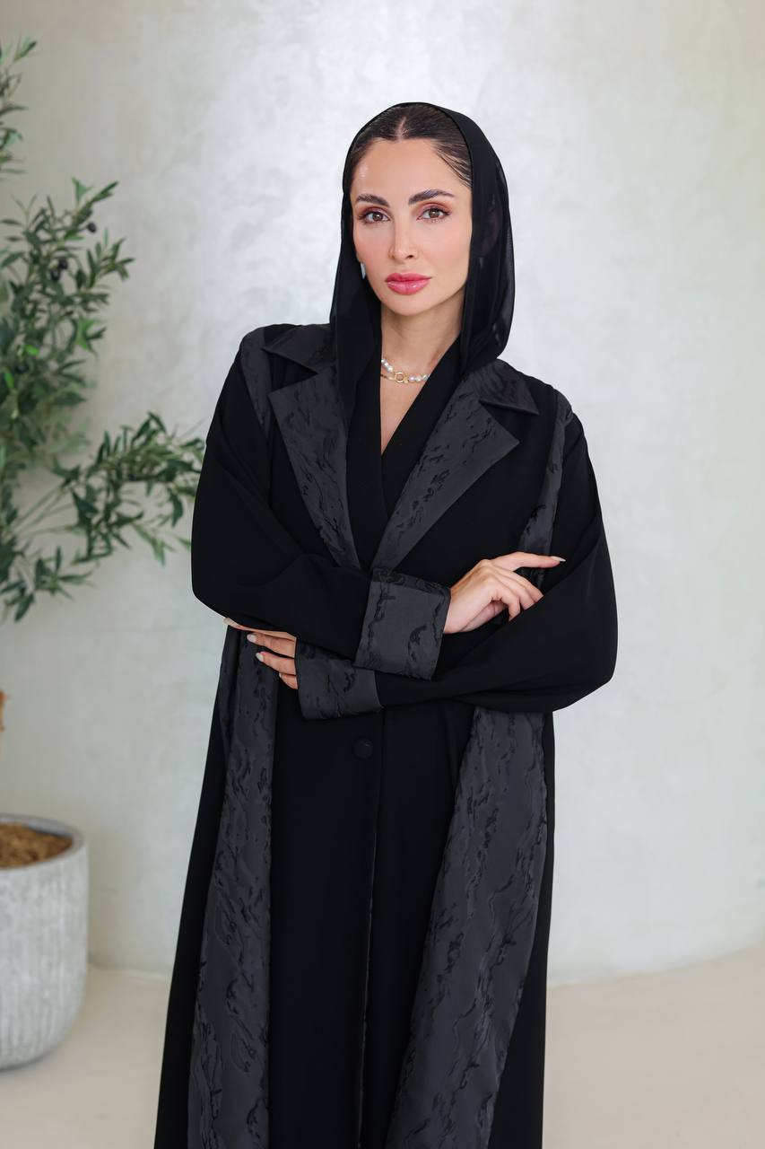 Black crepe abaya with jacquard.C:6670