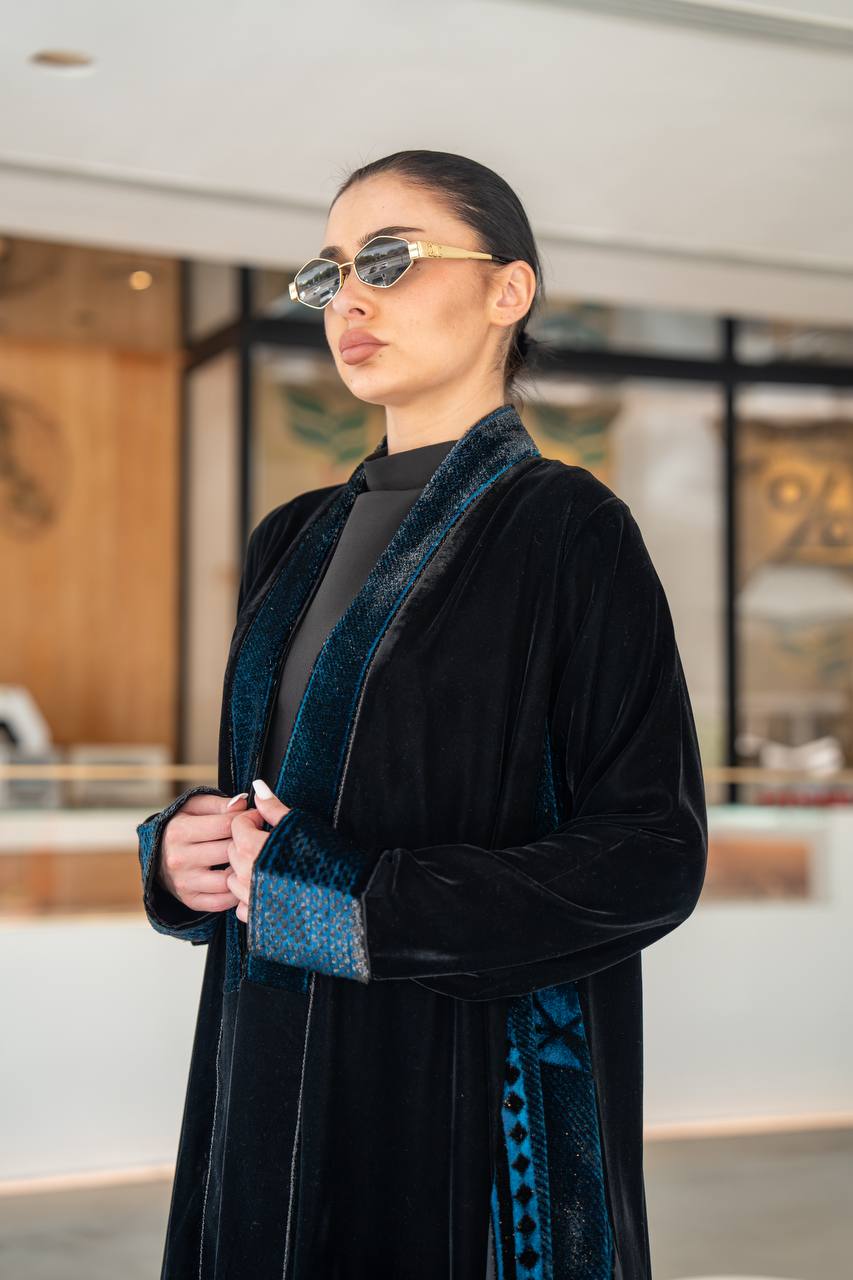Black and turquoise velvet abaya. C:6701