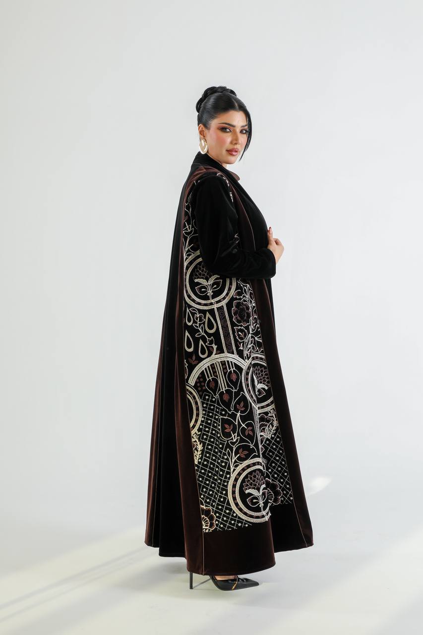 Black and brown velvet abaya with embroidery. C:6725