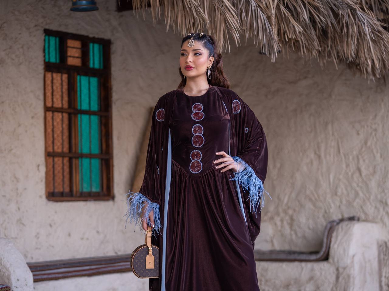 Bisht and dress set in brown velvet with hand embellishment.C:6718