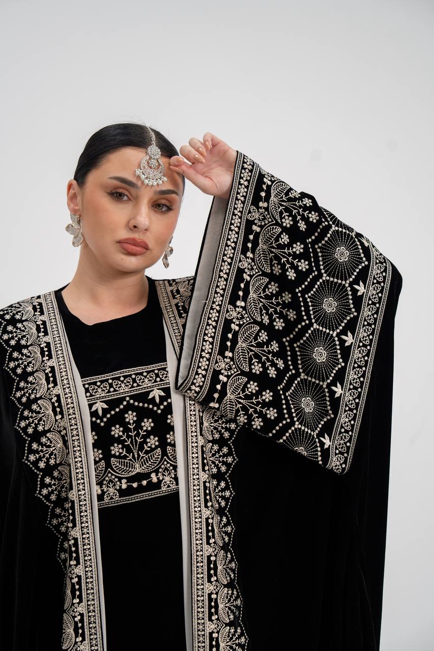 Black velvet abaya with embroidery. C:6744