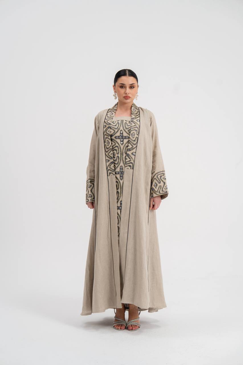 Abaya and dress set, linen with embroidery. C:6741